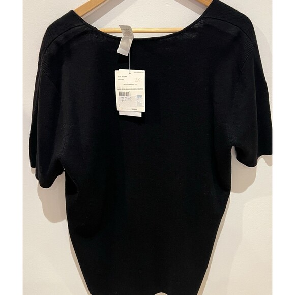 Liz Claiborne Woman's Black Linen Cotton Short Sleeve Sweater Floral Applique 2X - Picture 3 of 16